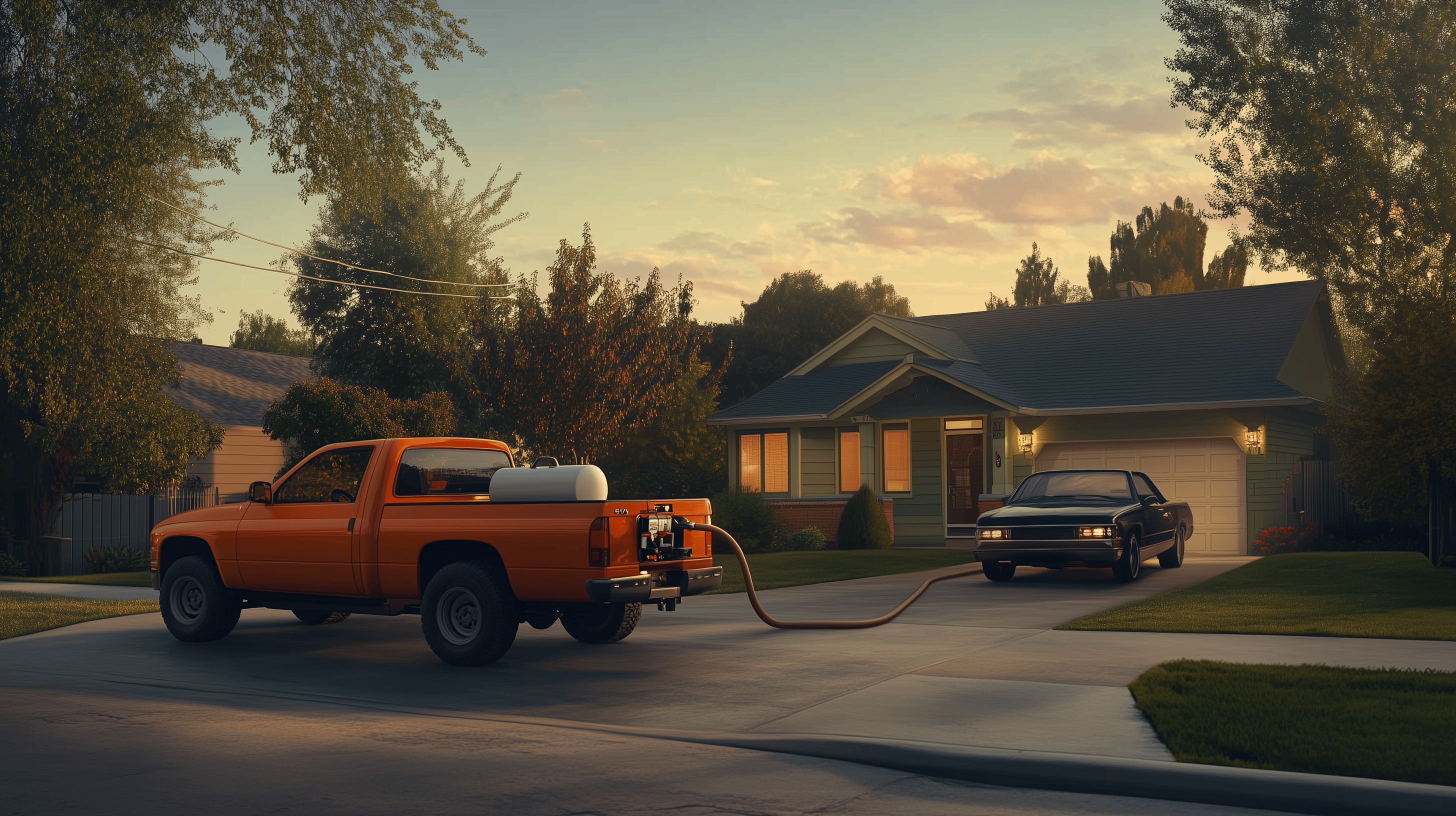 Orange pickup truck delivering fuel to a car in a driveway at sunset.